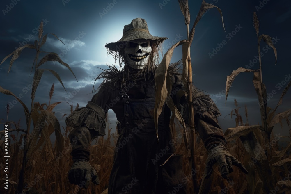 sinister scarecrow in a moonlit cornfield, created with generative ai