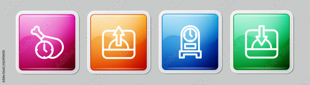 Set line Food time, Sunrise, Antique clock and Sunset. Colorful square button. Vector Set line Food time, Sunrise, Antique clock and Sunset. Colorful square button. Vector