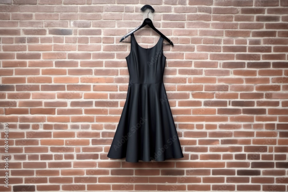 Naklejka premium black dress on hanger against a white brick wall, created with generative ai