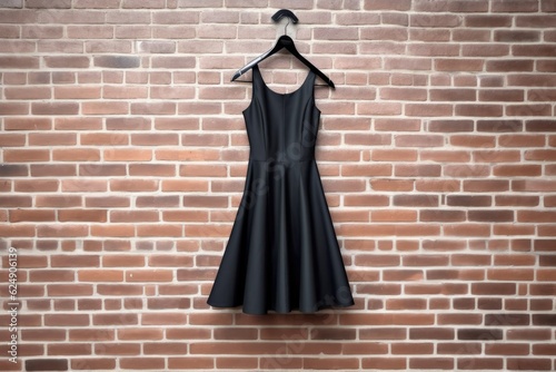 black dress on hanger against a white brick wall, created with generative ai