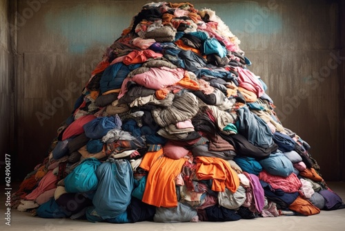 textile recycling with piles of sorted clothing, created with generative ai