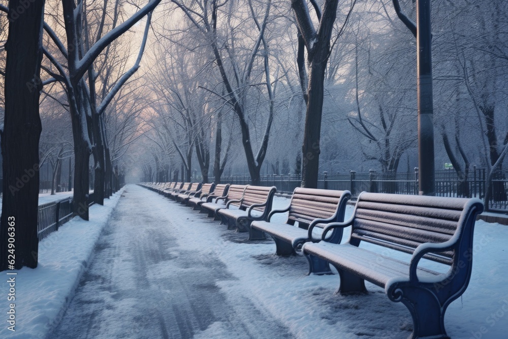 empty snow-covered park benches along street, created with generative ai