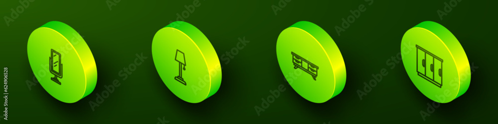 Set Isometric line Big full length mirror, Floor lamp, TV table stand and Wardrobe icon. Vector