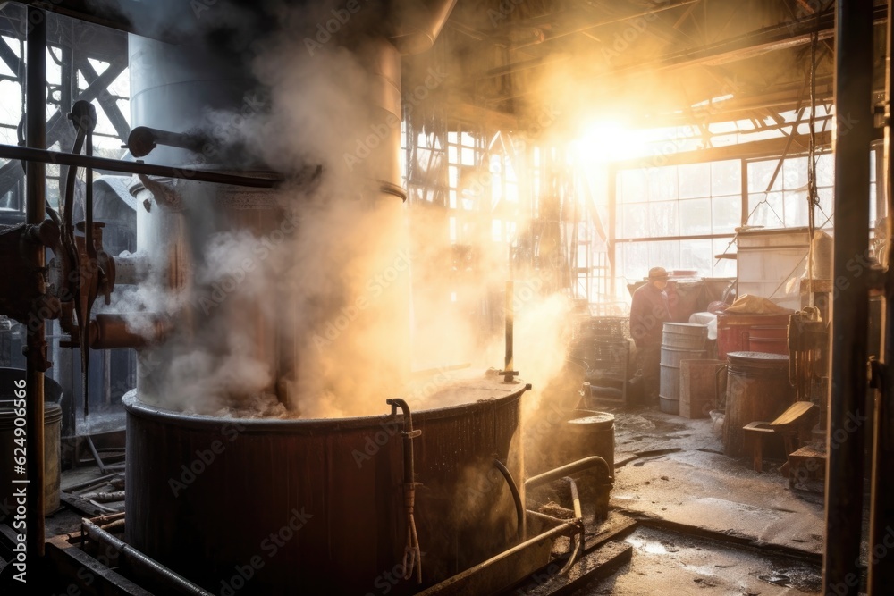 steam rising from the evaporator pan during the syrup-making process, created with generative ai steam rising from the evaporator pan during the syrup-making process, created with generative ai