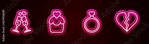 Set line Glass of champagne, Wedding cake, rings and Broken heart or divorce. Glowing neon icon. Vector