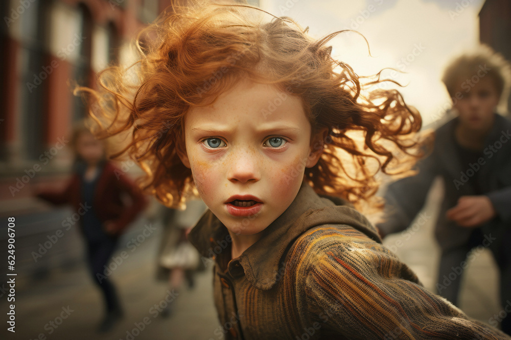School violance. Portrait of scared school girl outside of school ...