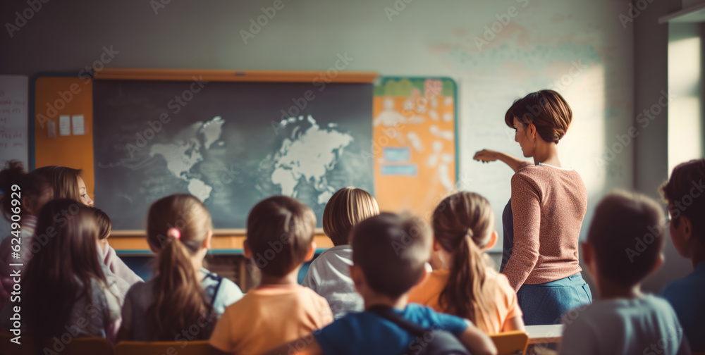 Young Pupils Learning in Classroom, Teacher Explains Education Program. Primary School Kids Group at Desk in class back view of learning students. Lecture room exam. Back to School Educational concept