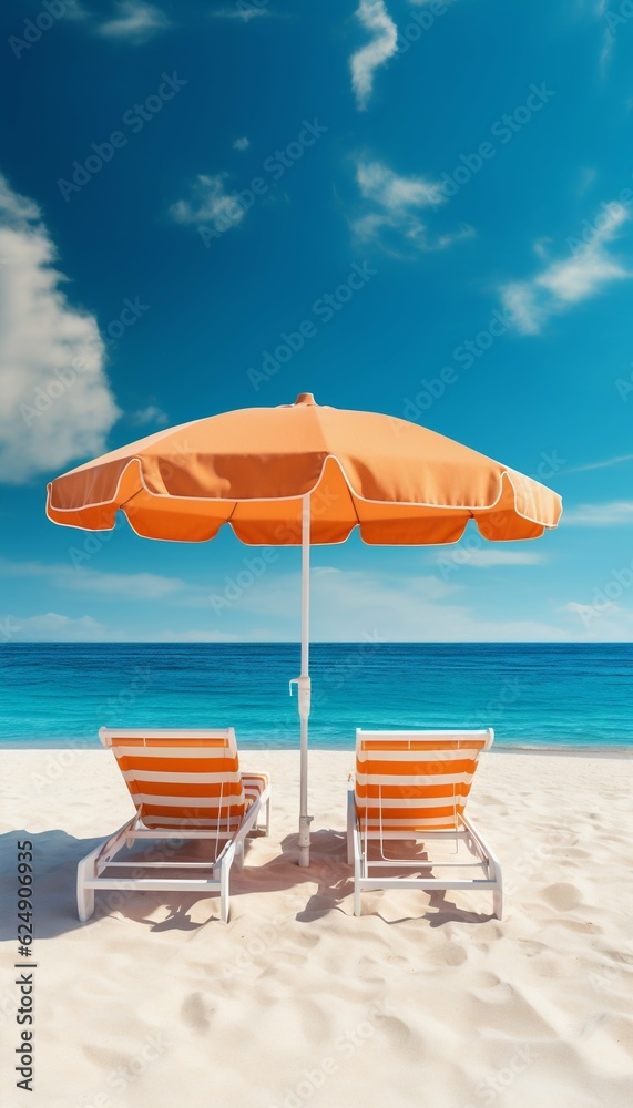 Sunny Umbrella with Sun Loungers on a Sandy Beach. Generative ai