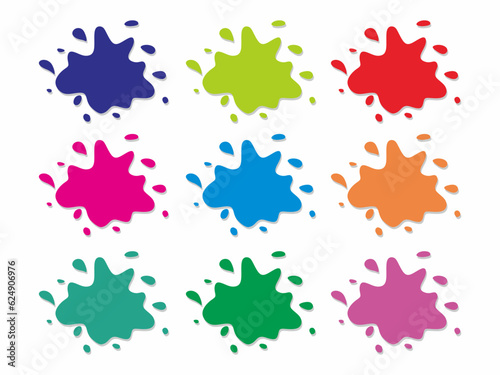 Paint splatter colorful set. Round splash flat collection. Cartoon splatters. Stain colored ink collection. Isolated vector illustration.
