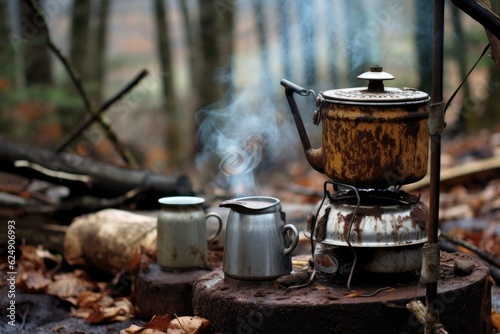 brewing coffee in a vintage enamel pot on a camp stove, created with generative ai
