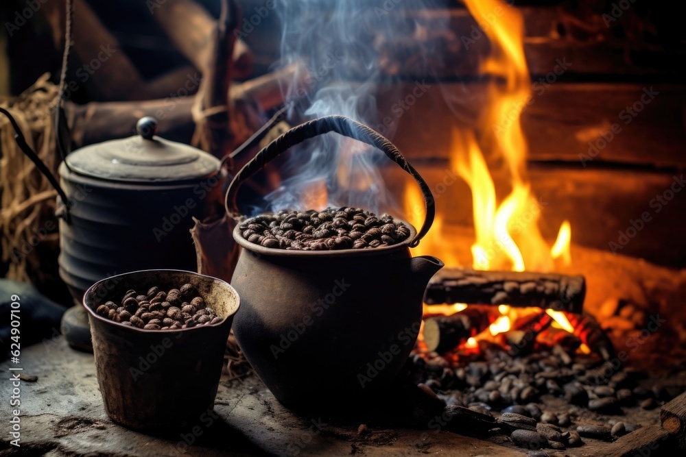 brewing coffee in a rustic pot over open fire, created with generative ai brewing coffee in a rustic pot over open fire, created with generative ai