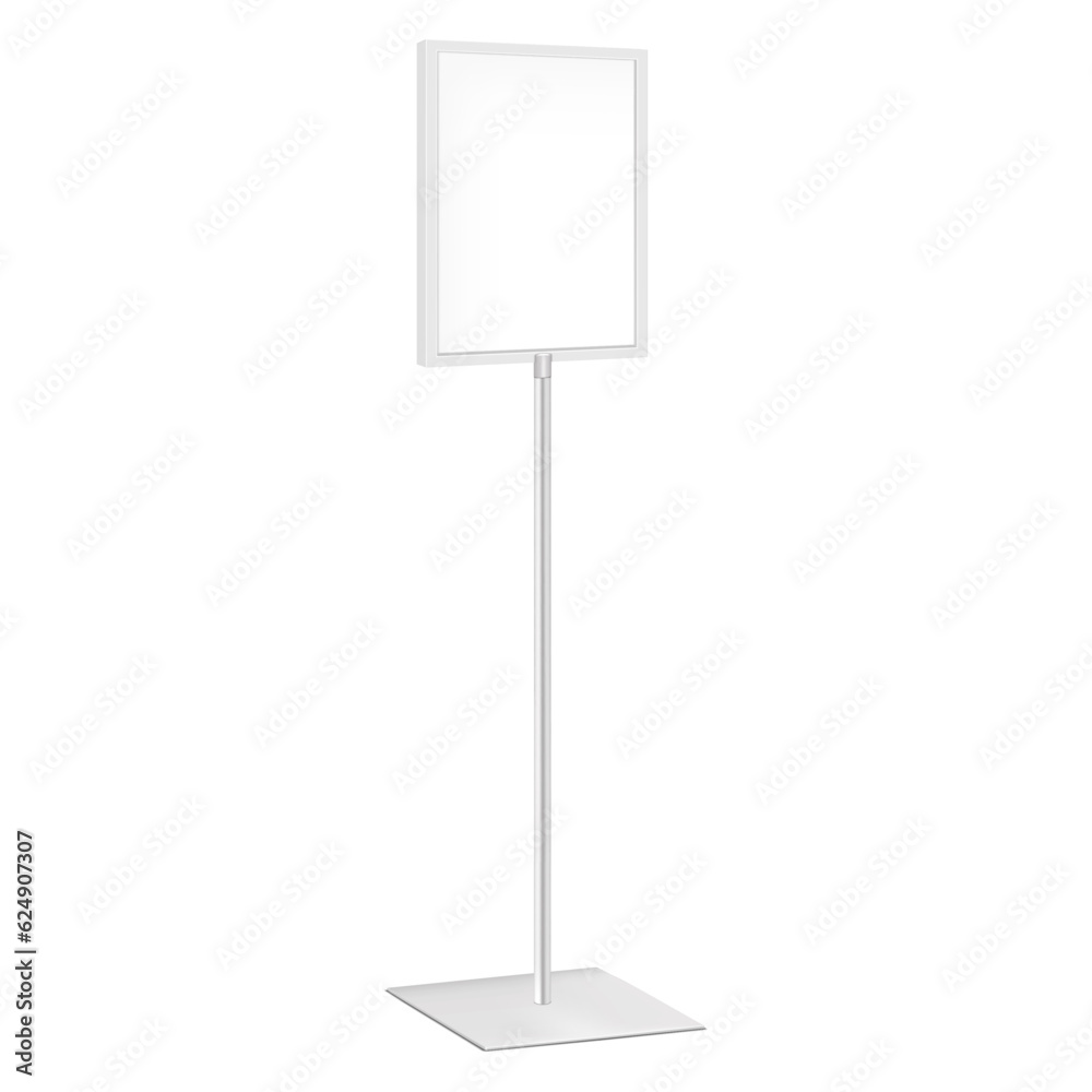Pedestal poster frame vector mockup. Advertising floor standing double sided display template. Blank white placard sign holder stand on square steel base mock-up Pedestal poster frame vector mockup. Advertising floor standing double sided display template. Blank white placard sign holder stand on square steel base mock-up