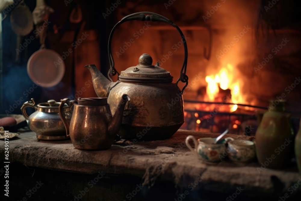 kettle and teacup ready for pouring near fire, created with generative ai kettle and teacup ready for pouring near fire, created with generative ai