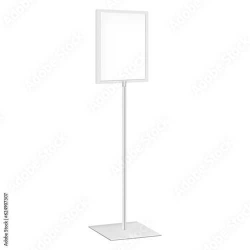Pedestal poster frame vector mockup. Advertising floor standing double sided display template. Blank white placard sign holder stand on square steel base mock-up