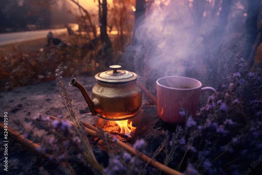 a kettle with lavender tea brewing beside a cozy campfire, created with generative ai a kettle with lavender tea brewing beside a cozy campfire, created with generative ai