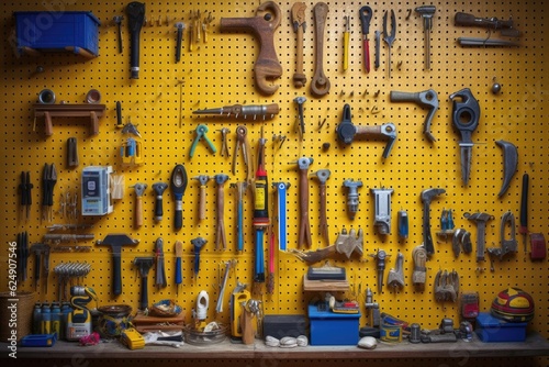 neatly arranged tools on a pegboard wall, created with generative ai photo