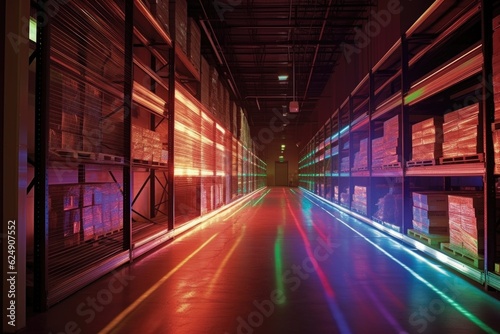 illuminated warehouse aisle with motion sensor lights, created with generative ai