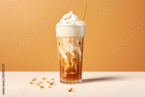 Ice coffee with caramel sauce and vanilla ice cream. AI generated photo