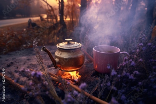 a kettle with lavender tea brewing beside a cozy campfire, created with generative ai