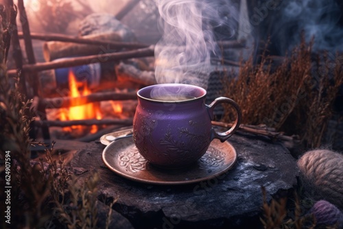 aromatic lavender tea steaming in a cup beside a warm campfire, created with generative ai