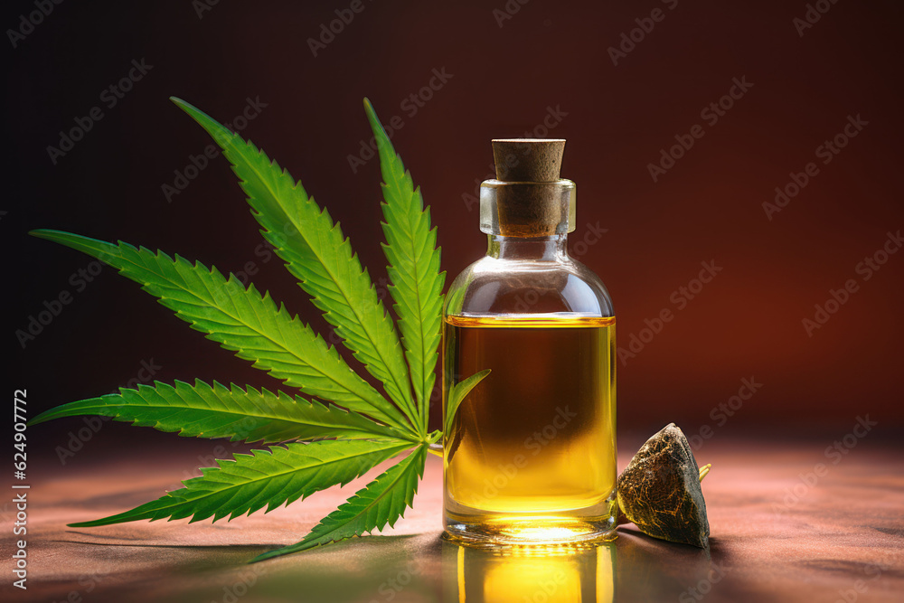 Cannabis leaf and oil in bottle. AI generated Cannabis leaf and oil in bottle. AI generated