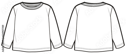Baby boy and girl long sleeve T Shirt flat sketch fashion illustration drawing template mock up with front and back view. Toddler baby boy Crew neck T shirt top cad vector template