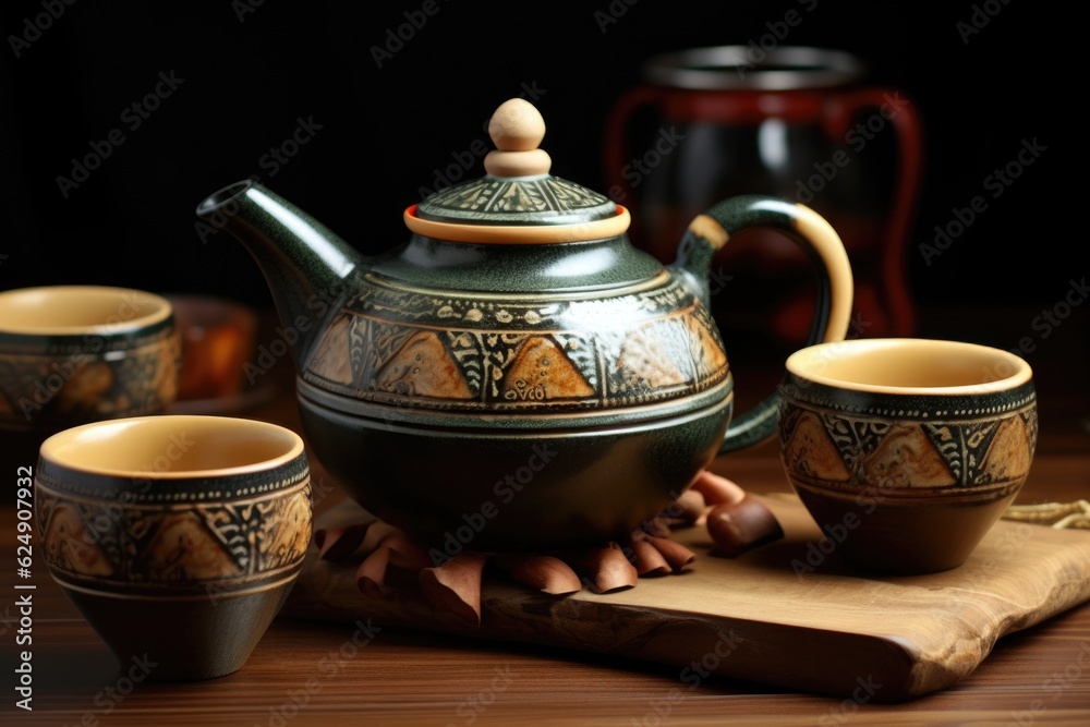 brewing tea with a traditional ceramic teapot and cup set, created with generative ai brewing tea with a traditional ceramic teapot and cup set, created with generative ai