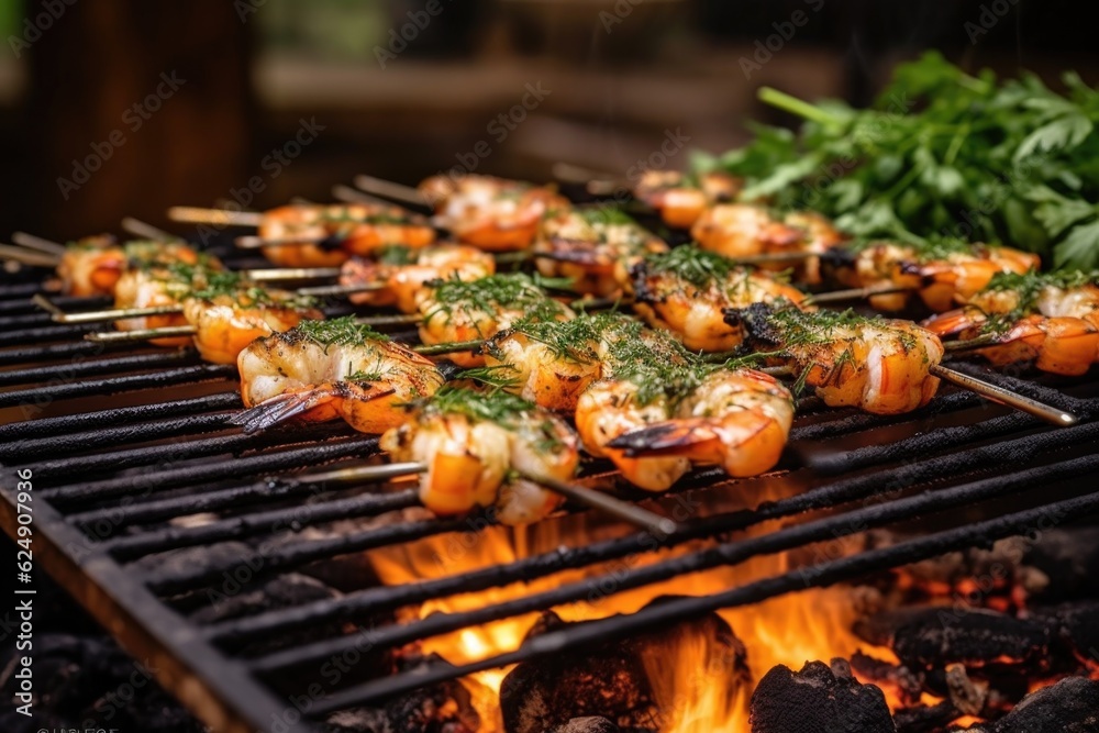 grilled shrimp skewers with herbs and spices on grill, created with generative ai