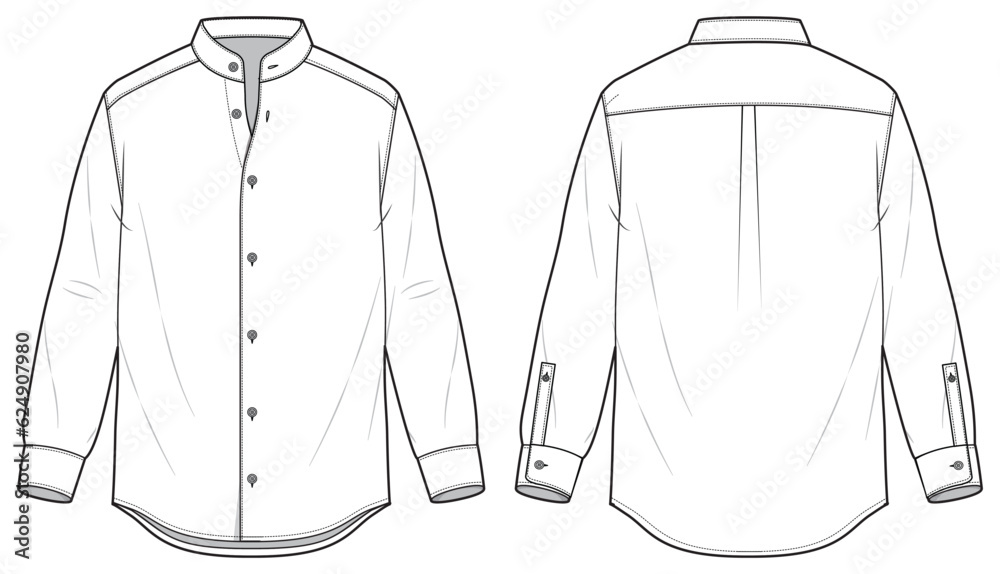 Men's long sleeves band collar formal shirt flat sketch illustration