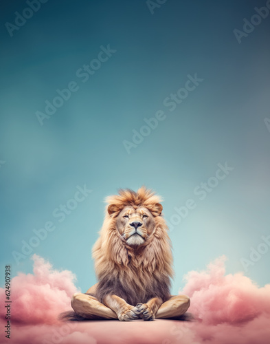 Calm looking lion sitting on ground in lotus like position, pink clouds around. Zen meditation concept. Vertical banner with copy space above. Generative AI © Lubo Ivanko