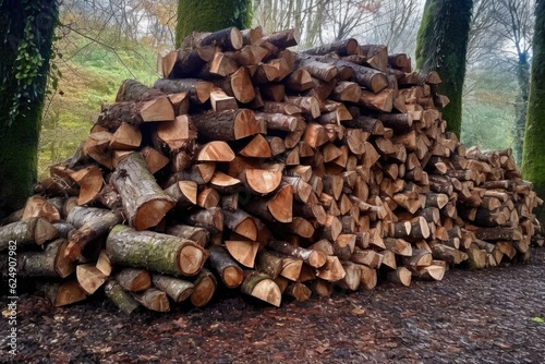 freshly chopped logs stacked in a neat pile  created with generative ai