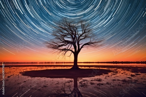 spiraling star trails surrounding a lone tree, created with generative ai