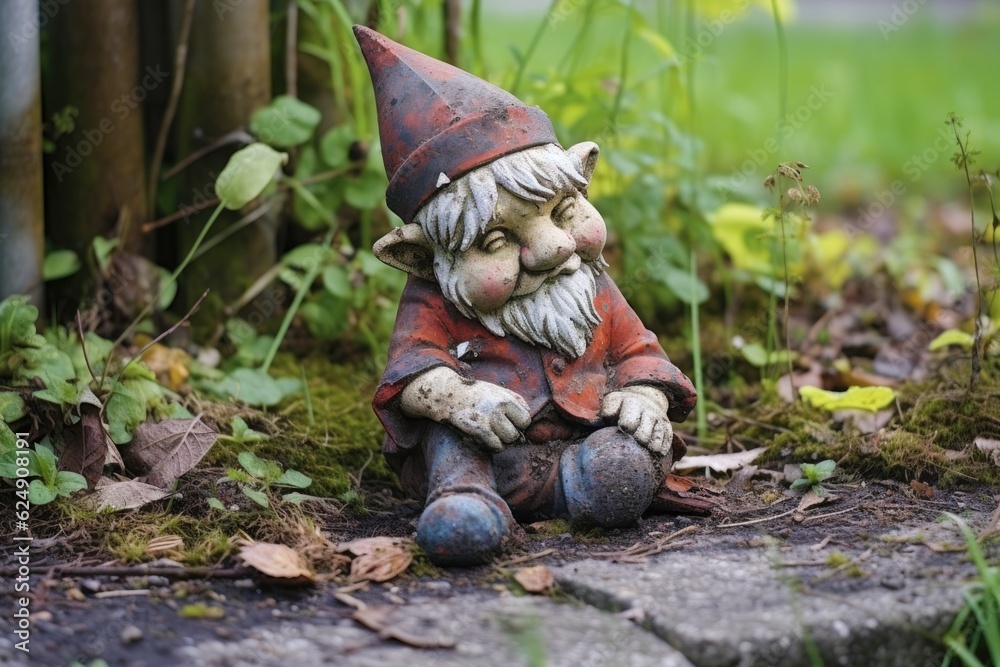 Obraz premium weathered garden gnome missing its head, created with generative ai
