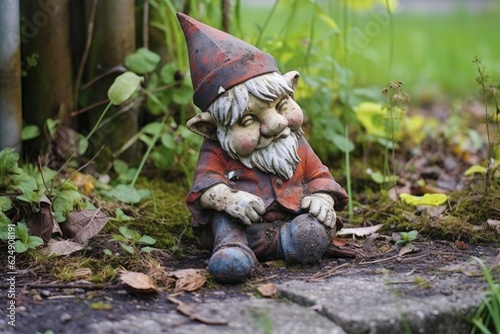 weathered garden gnome missing its head, created with generative ai © altitudevisual