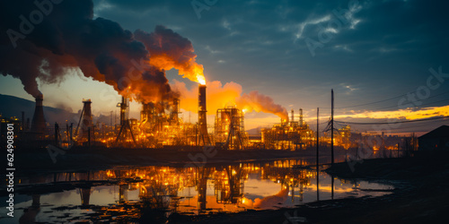 Oil refinery plant working at night. Fire and smoke rising above the industrial zone. Generative AI. © Vadim