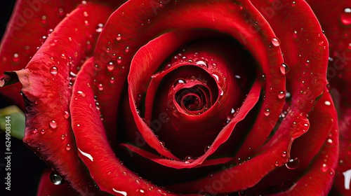 Macro detail of water droplets on a vibrant red rose