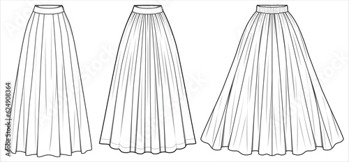 Women Full length Skirt flat sketch illustration, Set of womens long tulle skirt for casual wear fashion technical drawing vector template mock up