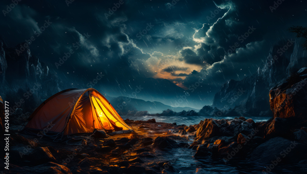 Lonely orange tent with light inside soaking under the rain. Heavy rainfall in the mountain area at night. Generative AI.