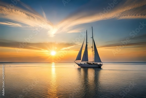 sailing boat at sunset generated Ai. © Raziq