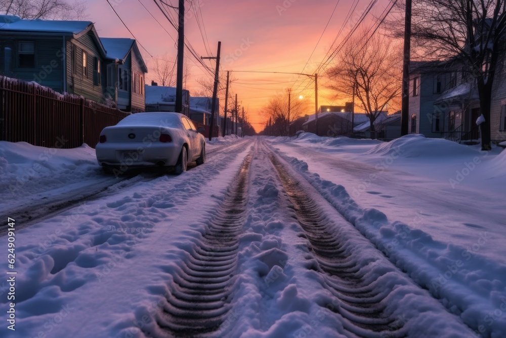snowy car tire tracks leading to a warmed-up parked car, created with generative ai