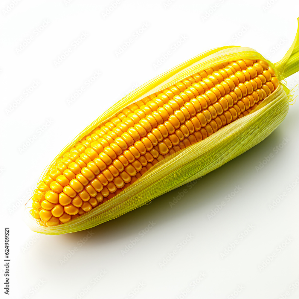An ear of corn covered with leaves. Healthy vegetable close up on white backdrop. Generative AI.