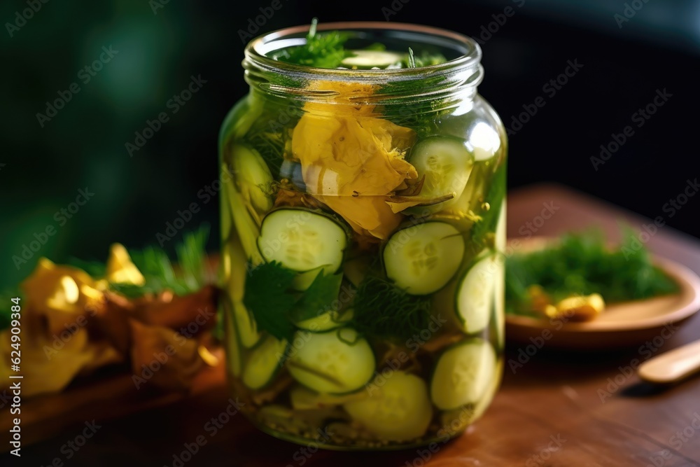 close-up of a jar filled with pickled cucumbers, created with generative ai close-up of a jar filled with pickled cucumbers, created with generative ai