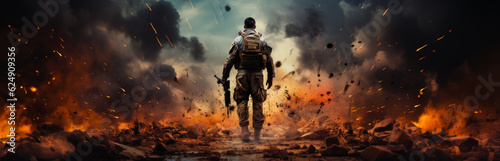Rear view of a soldier holding a gun. Warrior walking through the battlefield with fire and smoke. Generative AI. photo