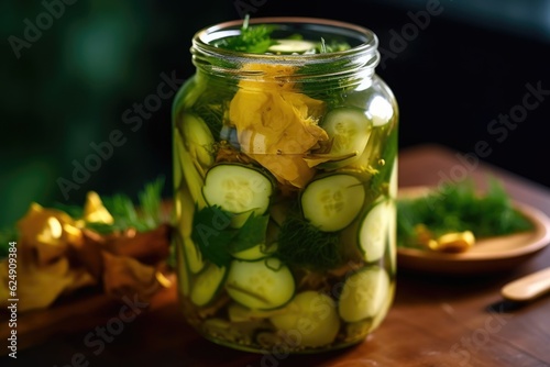 close-up of a jar filled with pickled cucumbers, created with generative ai