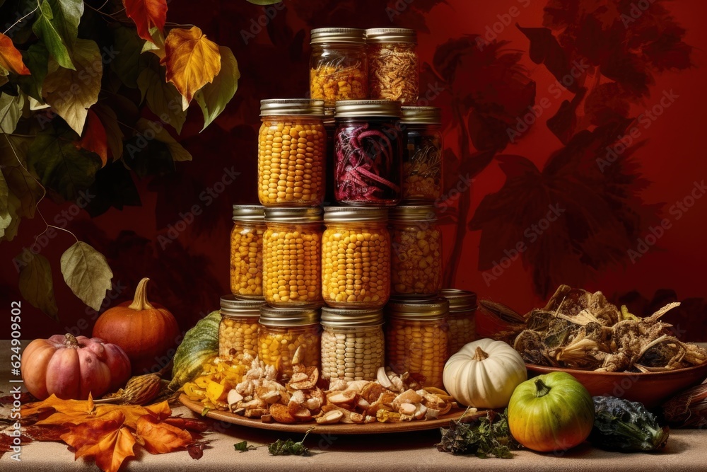 stack of canned vegetables with autumn leaves, created with generative ai stack of canned vegetables with autumn leaves, created with generative ai