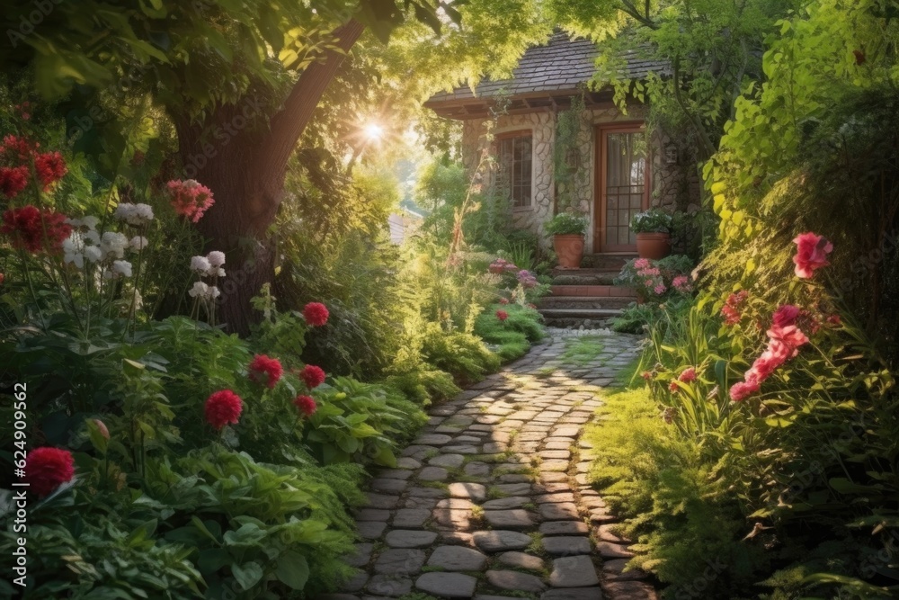 sundrenched cobblestone path in a lush garden setting, created with generative ai