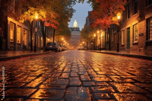 rain-soaked cobblestone street reflecting warm streetlights, created with generative ai