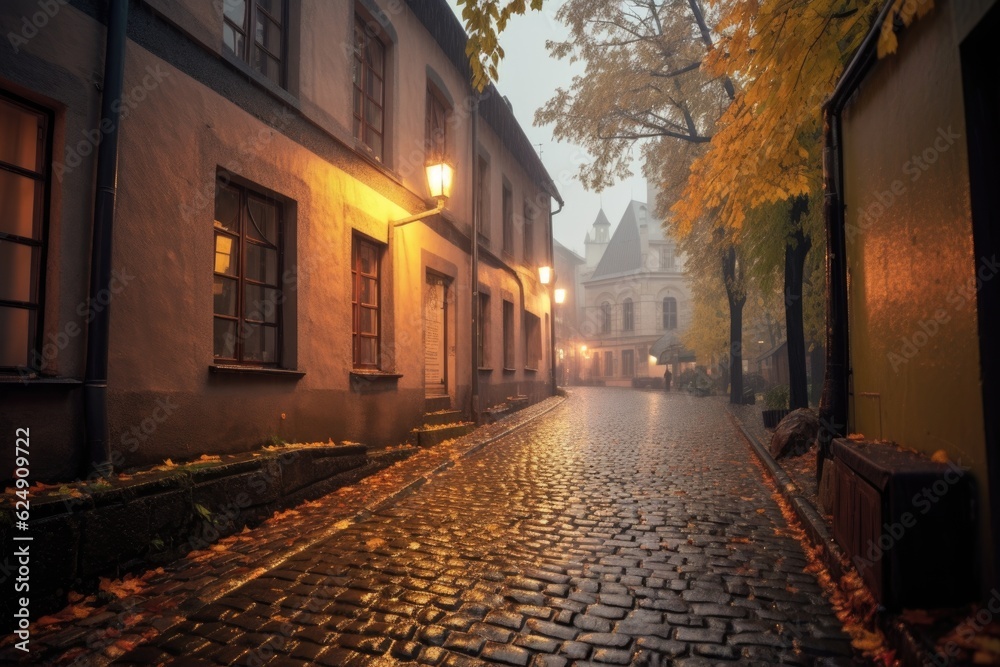 rainy day on a glistening cobblestone path, created with generative ai