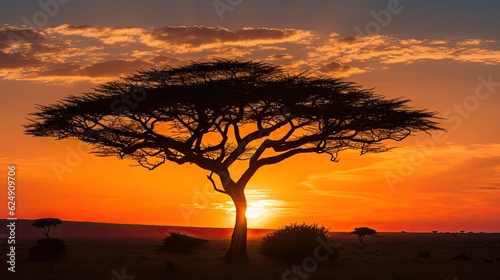 Sun setting behind acacia tree silhouette