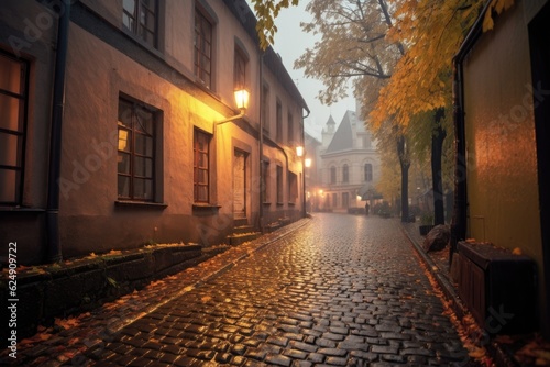 rainy day on a glistening cobblestone path  created with generative ai